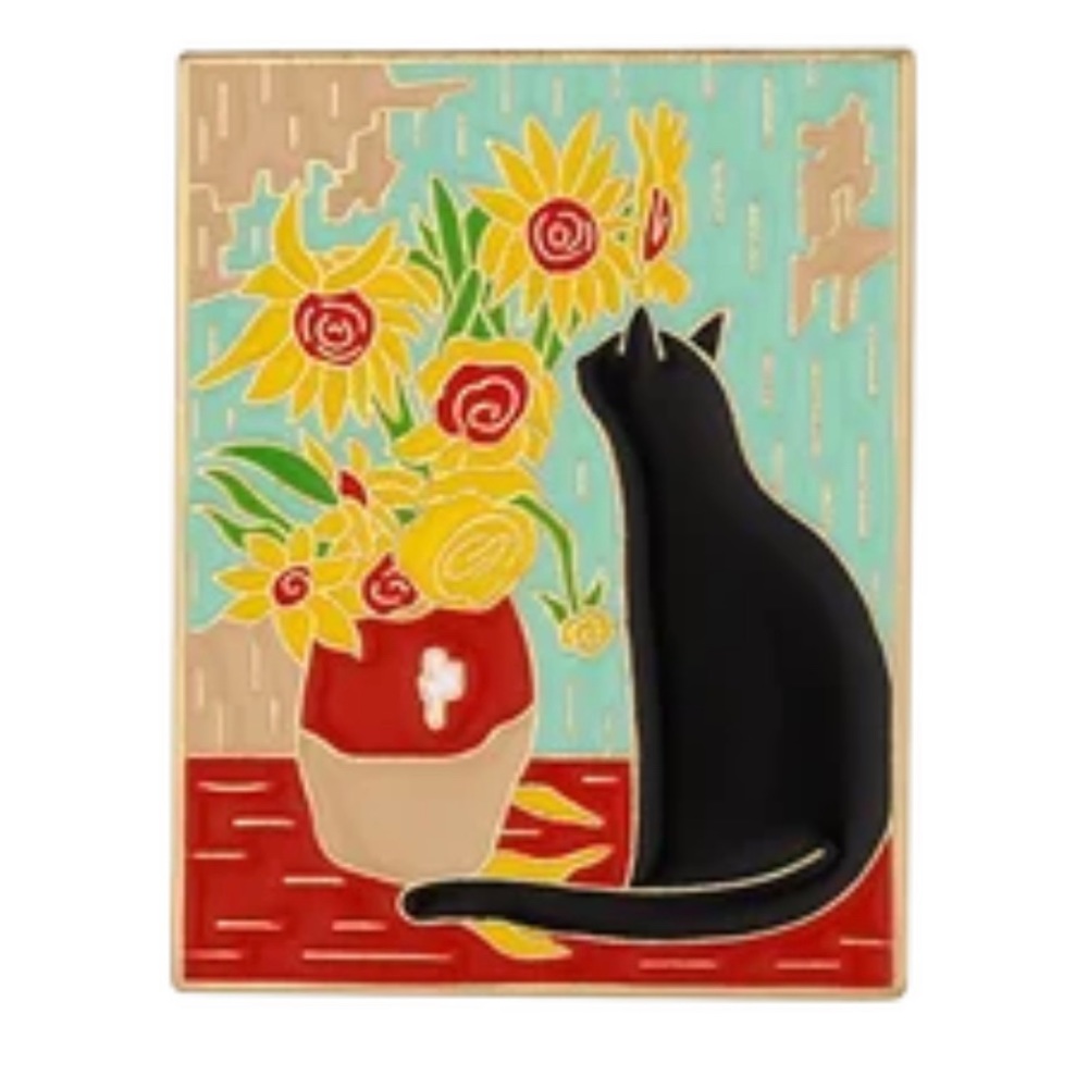 Artsy Floral Cat Enamel Pin Feline Still Life Artistic Paint Kitty Decor Brooch